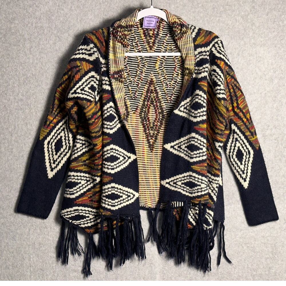 Michelle Nicole Sz‎ M Wool Blend Fringe Aztek Blanket Cardigan Sweater Southwest